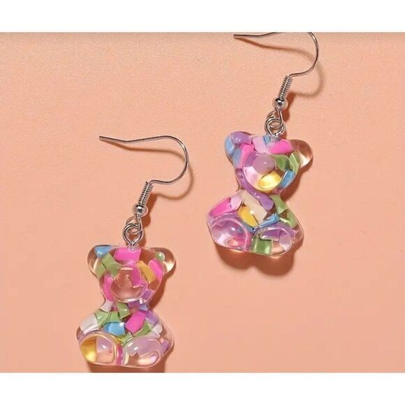 New! Adorable Acrylic Pastel Color Filled Gummy Bear Dangle Earrings! - Picture 2 of 4